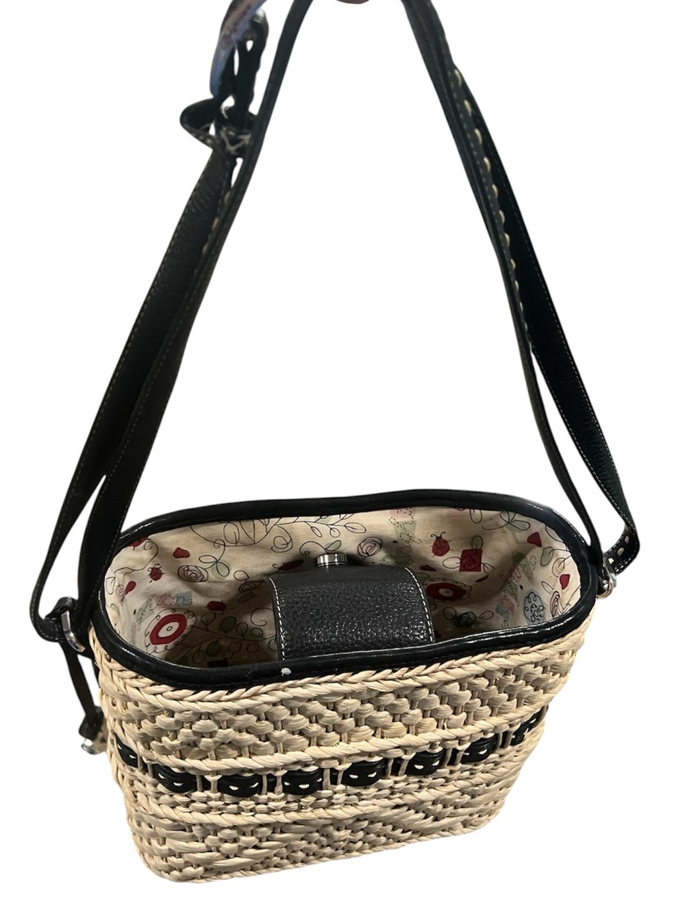 Brighton Natural Straw Shoulder Bag with Black Trim and Patterned Lining